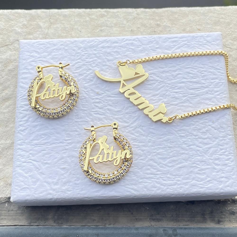 QIUHAN OEM Ice Out Blink 22mm Hoop Earrings Necklace Custom Name Jewelry Set