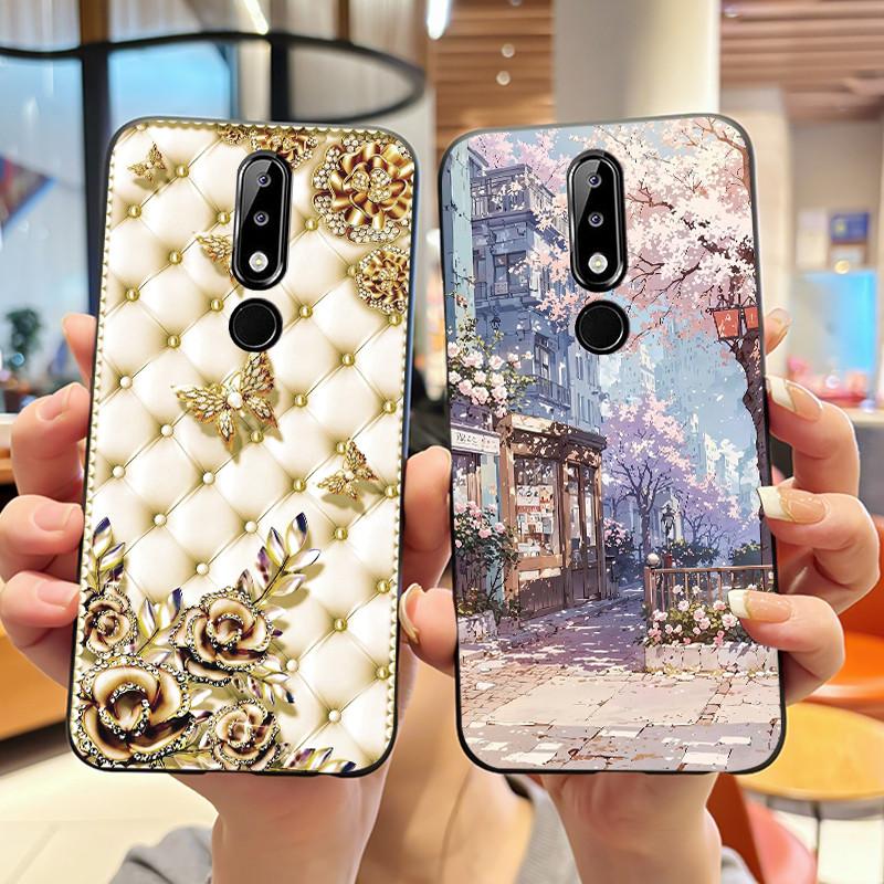 2026 New Design Style Black Phone Case For Nokia 5.1 Plus/Nokia X5 Shockproof Soft Cover Aesthetic Purple Flower Pattern