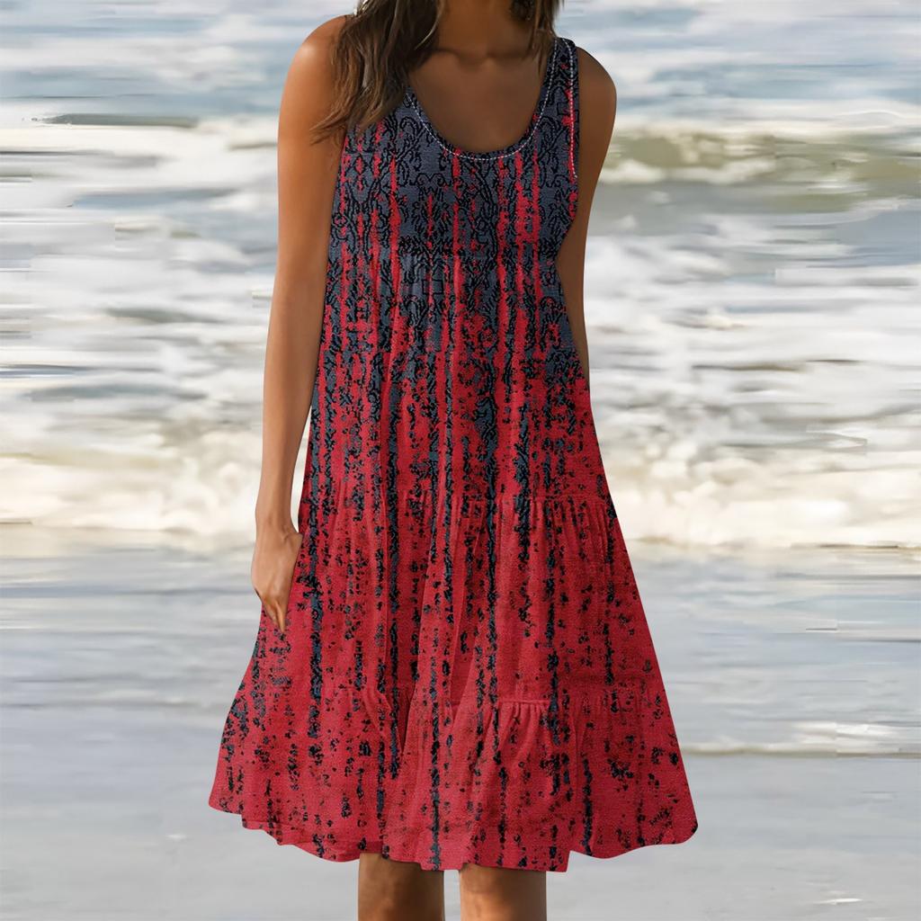 Женские платья-жилеты Лето-весна Плиссированные богемные платья Симпатичные струящиеся пляжные платья без рукавов Прямая футболка Платья-майки Платья с круглым вырезом