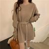 Women's Knit Dress Autumn Winter Simple Midi Sweater Dress Slim Fit Pullover Sweater Dress with Belt