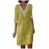 Ladies Lace Stitching V Neck Embroidered Exquisite Embroidered Lace Short Sleeve Cotton Linen Dress Summer Linen  Dress