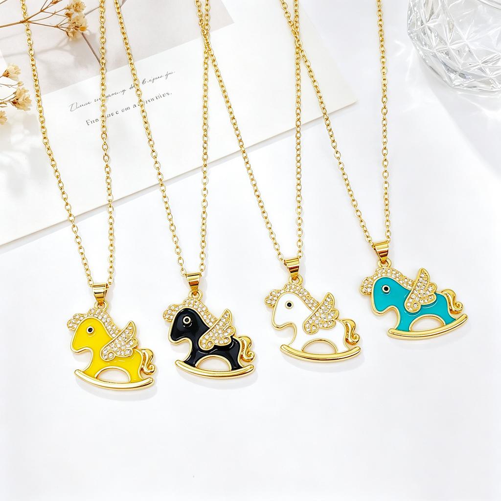 Gold Plated Cute Enamel Rocking Horse Pendant Necklace Zircon Winged Unicorn Necklace For Women Kids Party Birthday Jewelry Gift