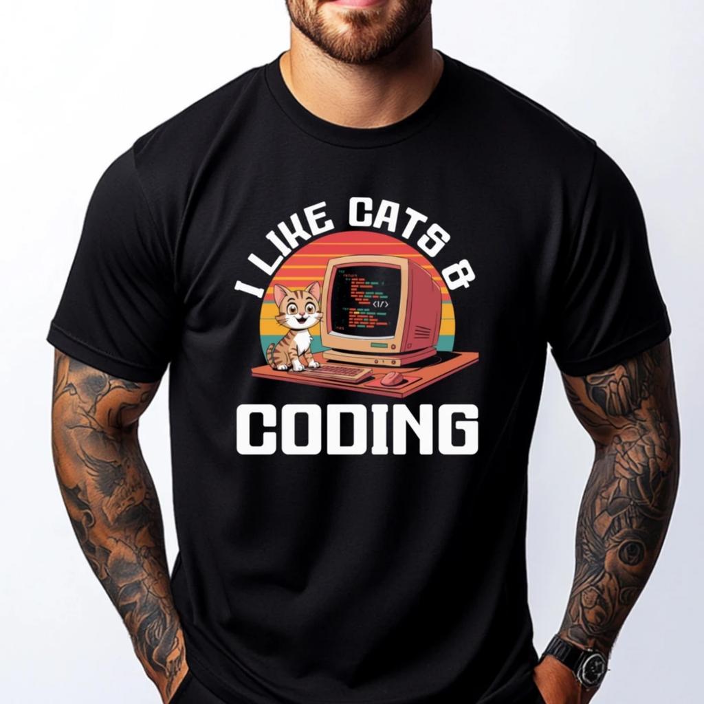 Programmer Cat Kitty Meow Animal Pet Computer Programming Red And Black Graphic T Shirt New In Tops And T-Shirts Character
