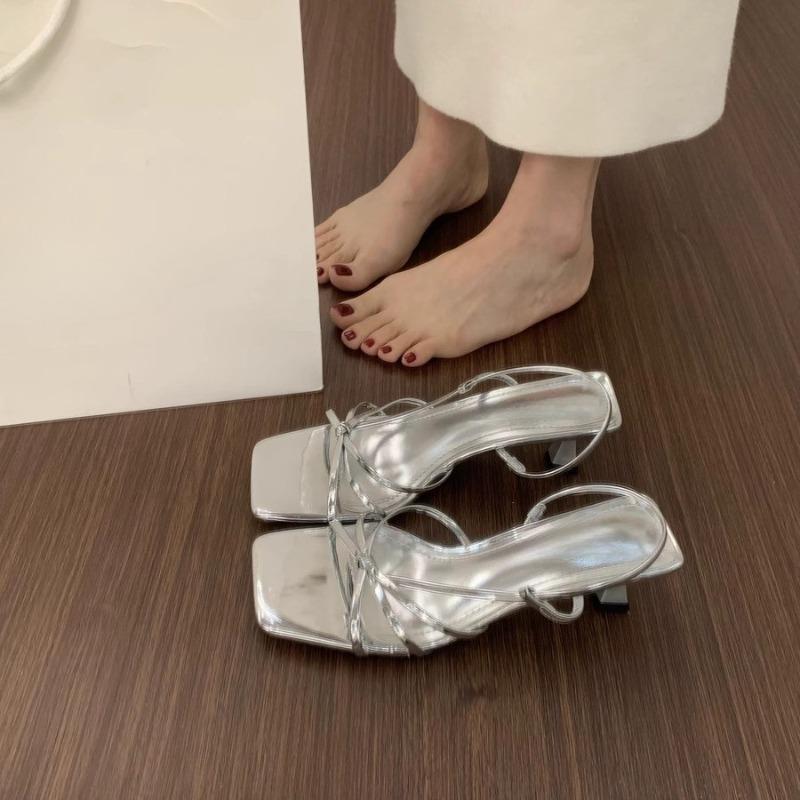 Fashion 2025 New Elegant French Summer High Heels Nude Pink Cat Heel Square Head Vintage Roman Sandals Rubber Sole Microfiber Materia