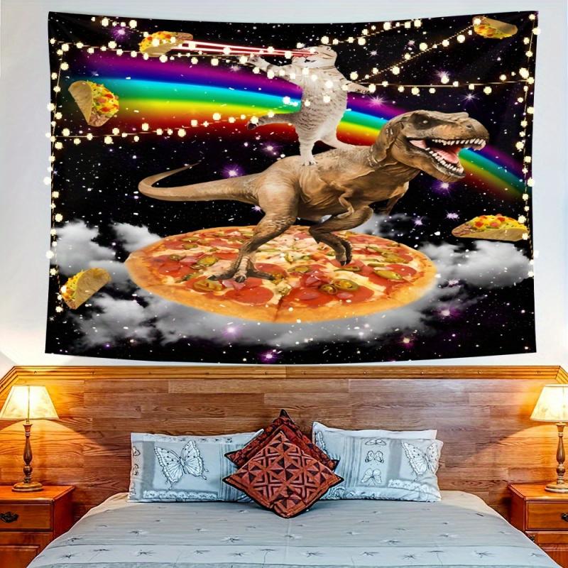 VIKAMA Rainbow Space Cat Riding Dinosaur Funny Tapestry Fun Pizza Tower Atmosphere Decoration Room Decoration Home Decoration