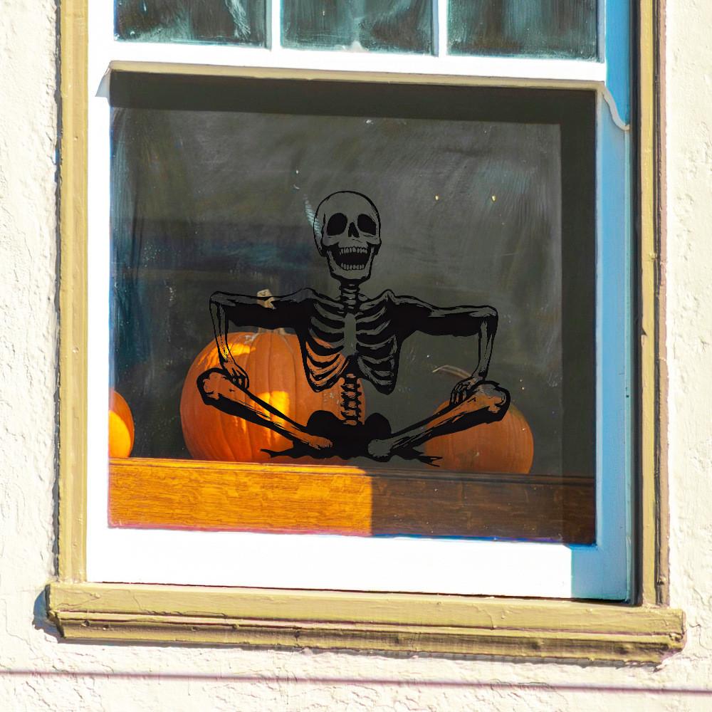 Halloween Smiling Skeleton Glass Showcase Bedroom Home Decoration Wall Stickers