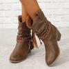 Women Vintage Brown Western Cowboy Boots Autumn Winter Tassel PU Leather Ankle Booties Ladies Pleated High-heeled Mid-calf Boot