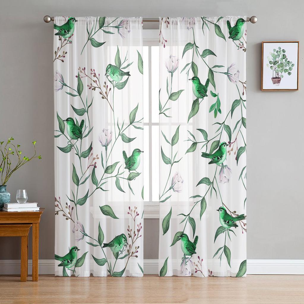 Plants Flowers Watercolor Birds Sheer Curtains for Living Room Decoration Window Curtains Kitchen Tulle Voile Organza Curtains