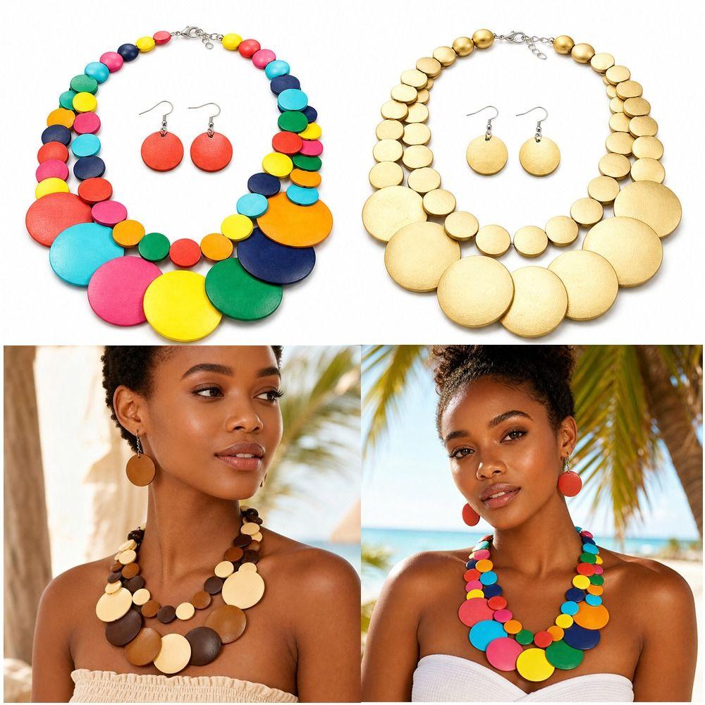 Bohemian Style Wooden Beaded Necklace Double Layer Pendant Necklace Summer Accessories