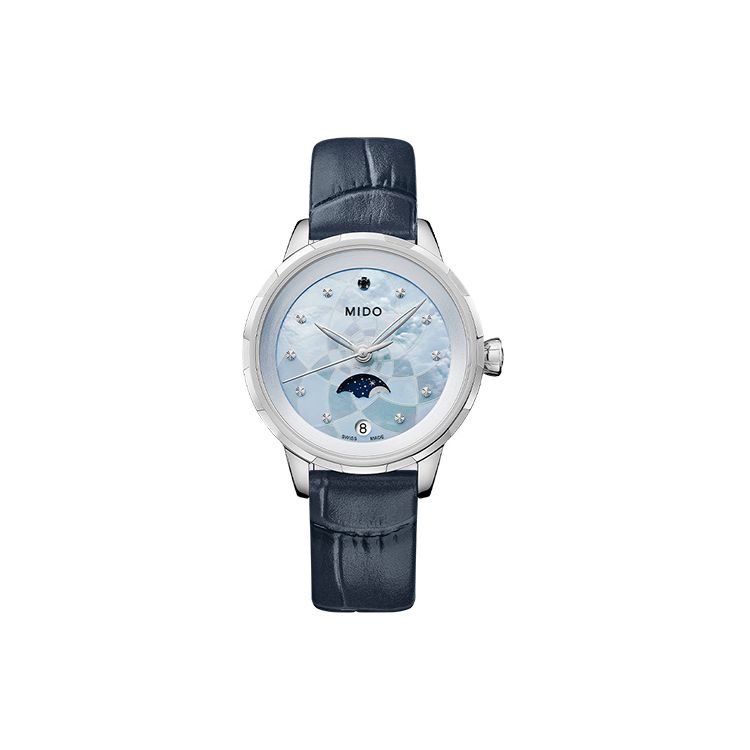 Mido Flower Series Moon Phase Watch - Water Lake Blue Quartz Movement Swiss Watch 31mm Blue Dial Leather Strap Women watches M043.023.16.131.00