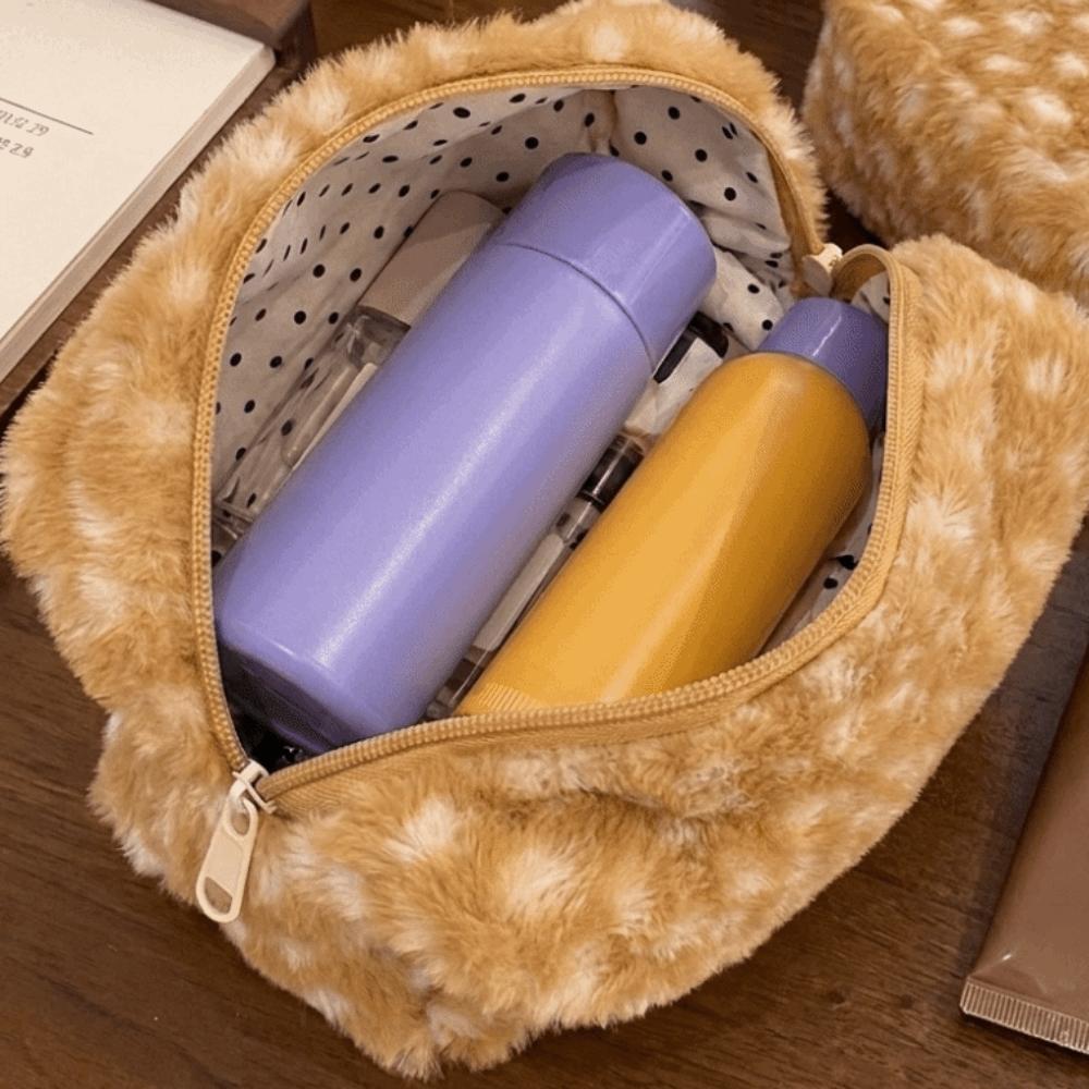 Plush Spotted Deer Pattern Makeup Bag Polka Dot Lining Toiletry Storage Bag Makeup Organizer Girl