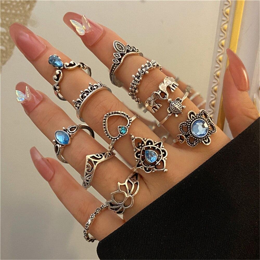 iF ME Punk Vintage Silver Color Poker Billiards Ring Set for Women Gothic Heart Anillos Hip Hop Y2k Korean Fashion Male Gift Jewelry