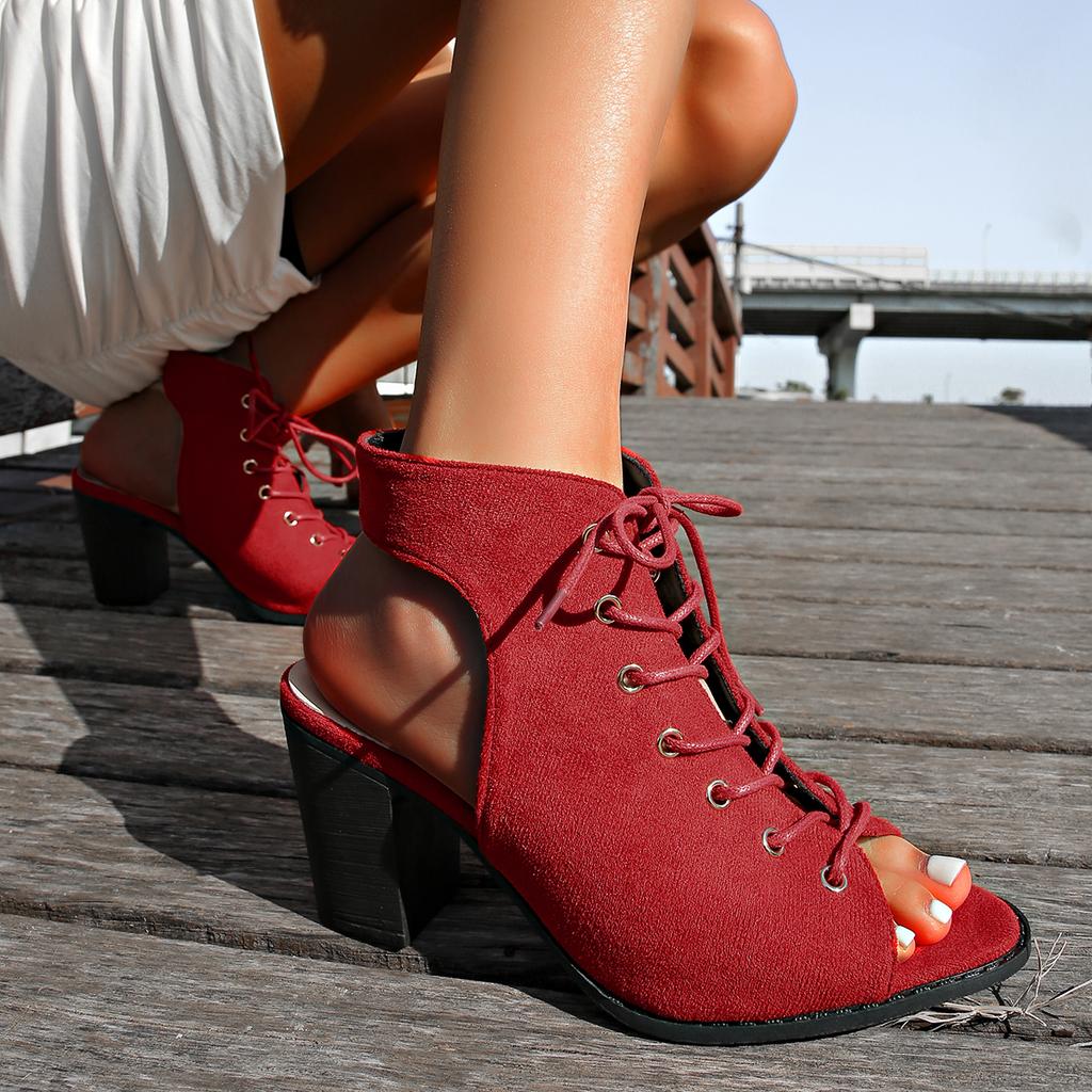 Sandalias De Mujer Women High Heels Dance Shoes Summer New Woman Suede Peep Toe Party Shoes Lace-up Female Sandals