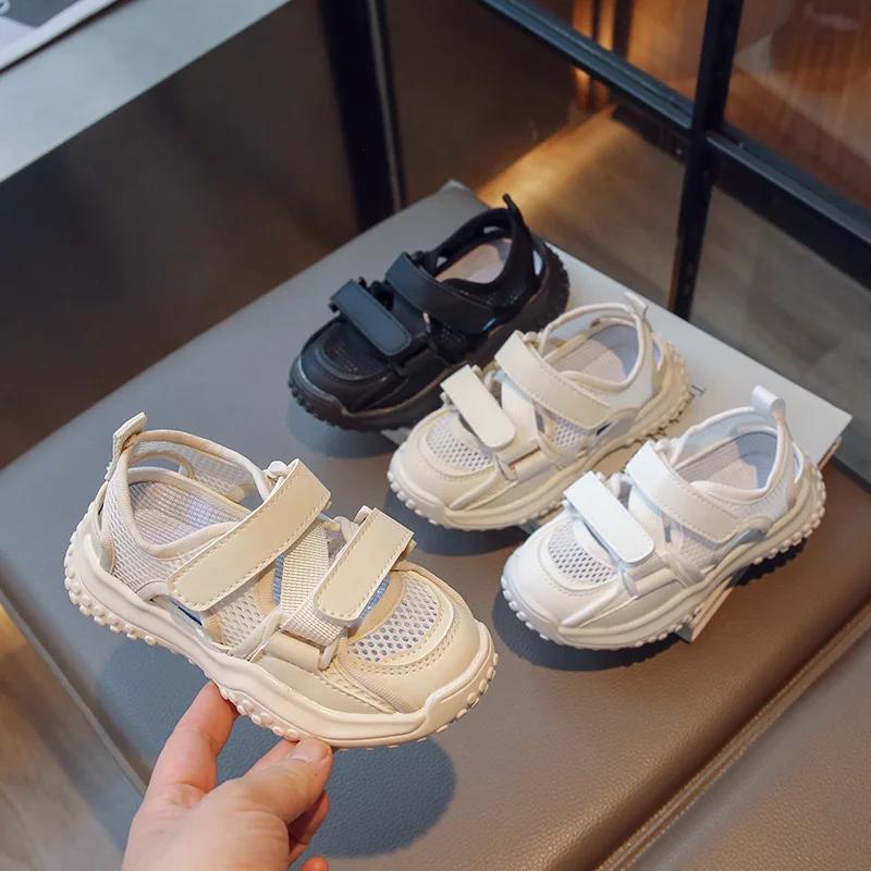 Летние детские спортивные сандалии, модные школьные повседневные сандалии для бега для мальчиков и девочек, сетчатые дышащие детские полусандалии, однотонные