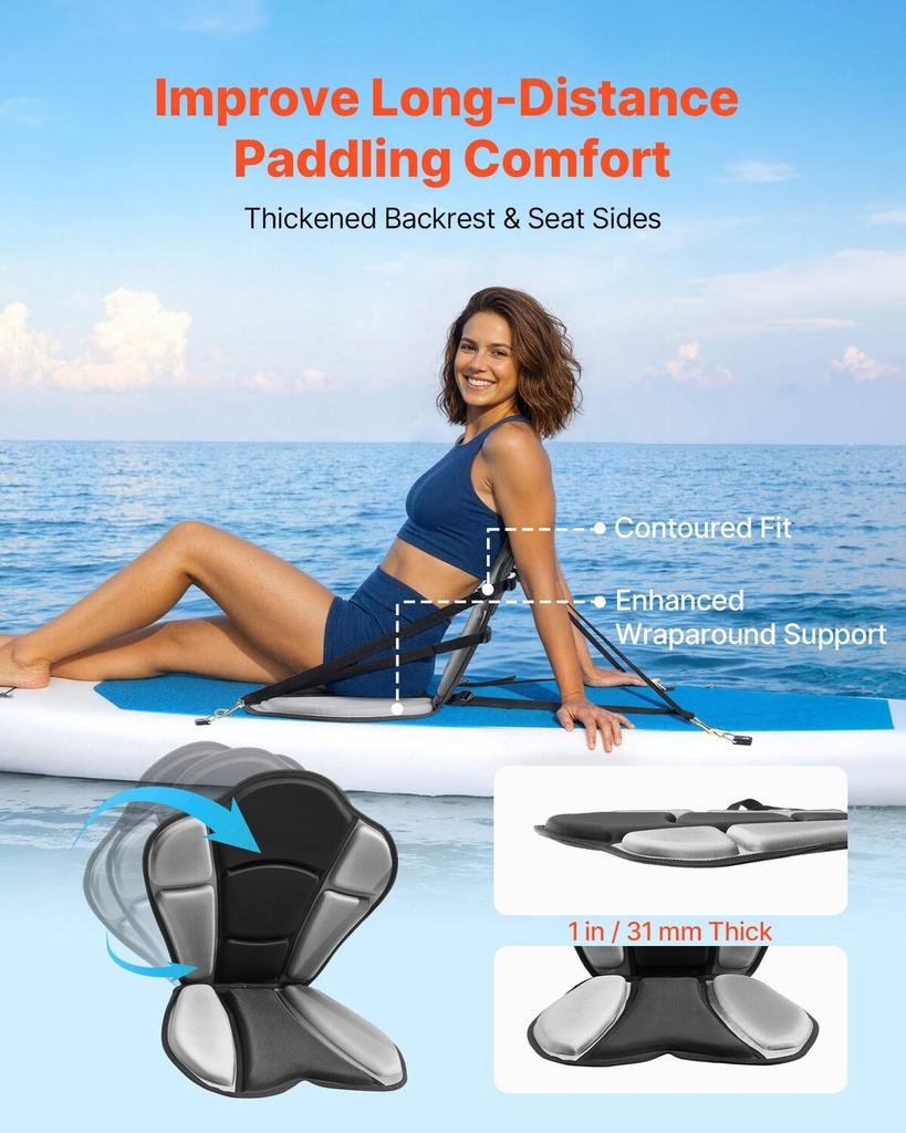 Kayak Seat, 1 Pack 31 mm Thick, Universal Paddle Board Seat with Back Support, Sit-on-Top Soft Padded Cushion with Storage Bag & Adjustable Straps for