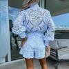 Women Spring Summer Stand Collar Solid Color Loose Sleeve Single Breasted Shirt Suit Casual Wide Leg Lace Shorts Two Piece Set S-XL