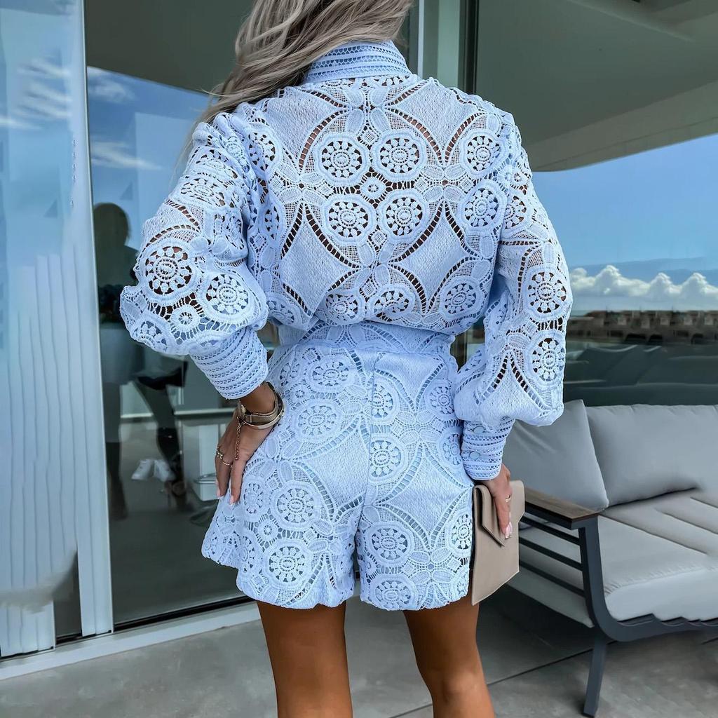 Women Spring Summer Stand Collar Solid Color Loose Sleeve Single Breasted Shirt Suit Casual Wide Leg Lace Shorts Two Piece Set S-XL