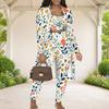 Women Plus Size Blue White Floral Printed 3 Piece Outfits Long Sleeve Open Front Cardigan Crop Top Long Pants