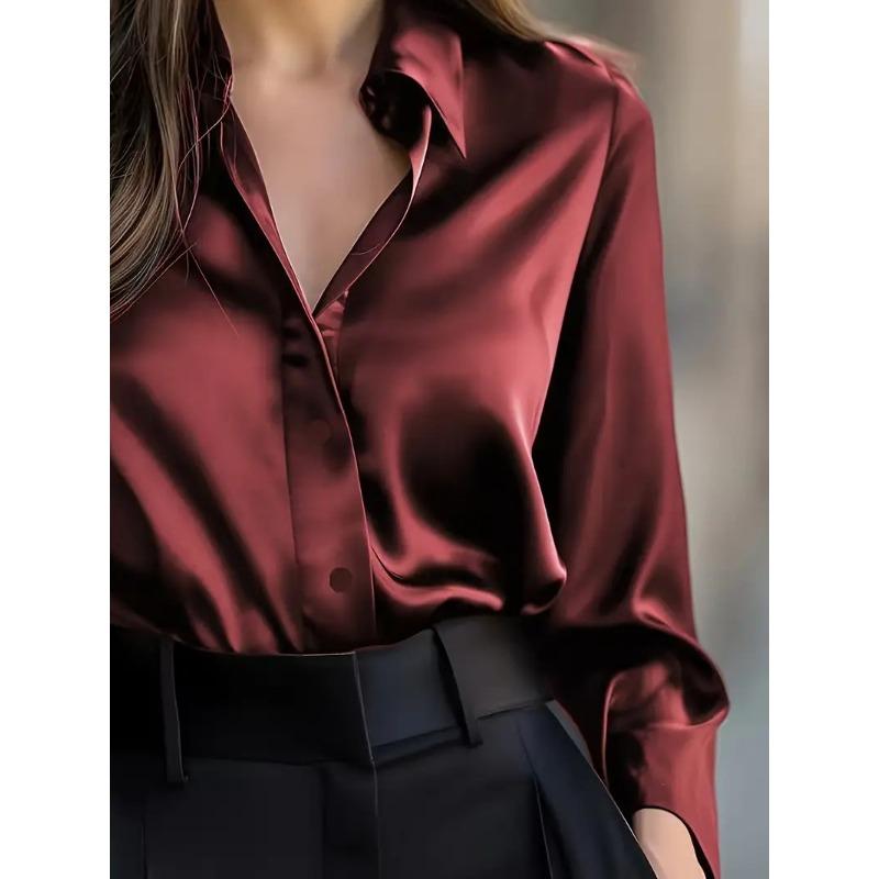 Women S Long Sleeve V Neck Button Down Solid Color Elegant Blouse