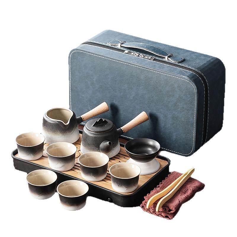Light luxury retro side handle pot gradual change tea set coarse pottery with tea tray ceramic souvenir corporate activities can be