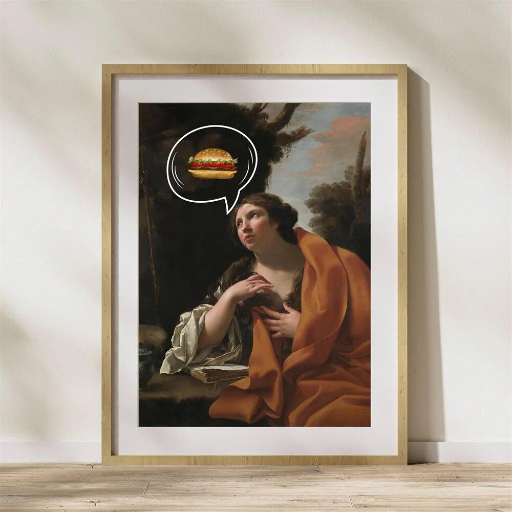 Altered Portrait Art Funny Poster Hamburger Woman Oil Painting Wall Art Prints Vintage Portrait Renaissance Canvas Painting