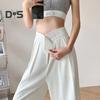 Women Suit Pants Straight Wide Leg Loose High Waist Solid Color Formal OL Commute Full Length Fasten Tape Adjustable Waist Lady Formal Trousers