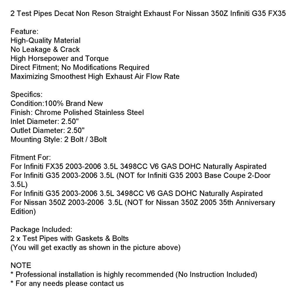 2 тестовых трубы Decat Non Reson прямой выхлоп для Nissan 350Z Infiniti G35 FX35