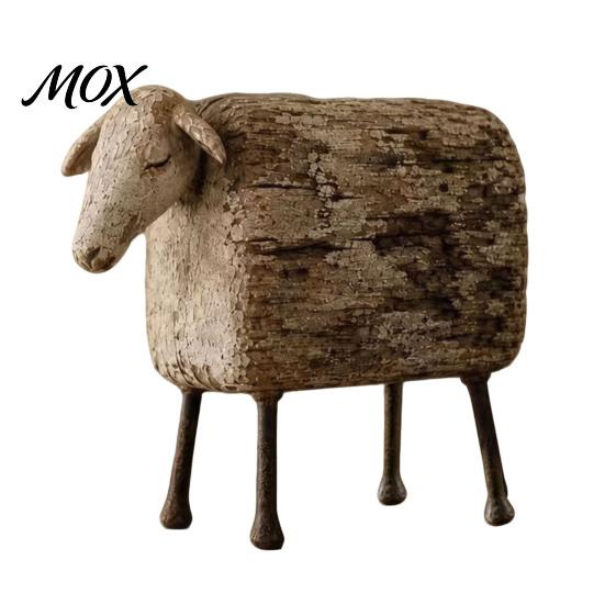 Imitation Wood Grain Decor Distressed Sheep Figurine, Resin Farmhouse Animal Statue for Shelf Tabletop Fireplace Mantel Ornaments Decor, Retro Country