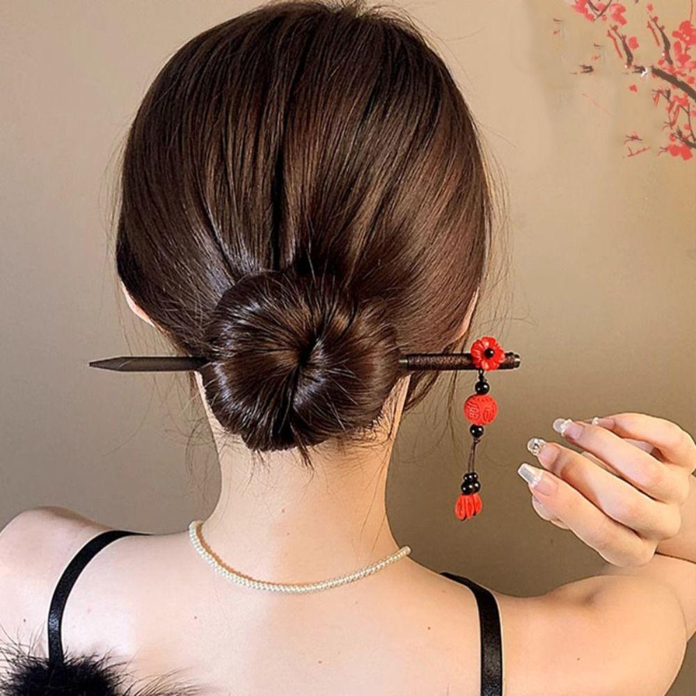 Flower Wooden Hair Stick Tassel Hanfu Hairpin Classical Cheongsam Accessories