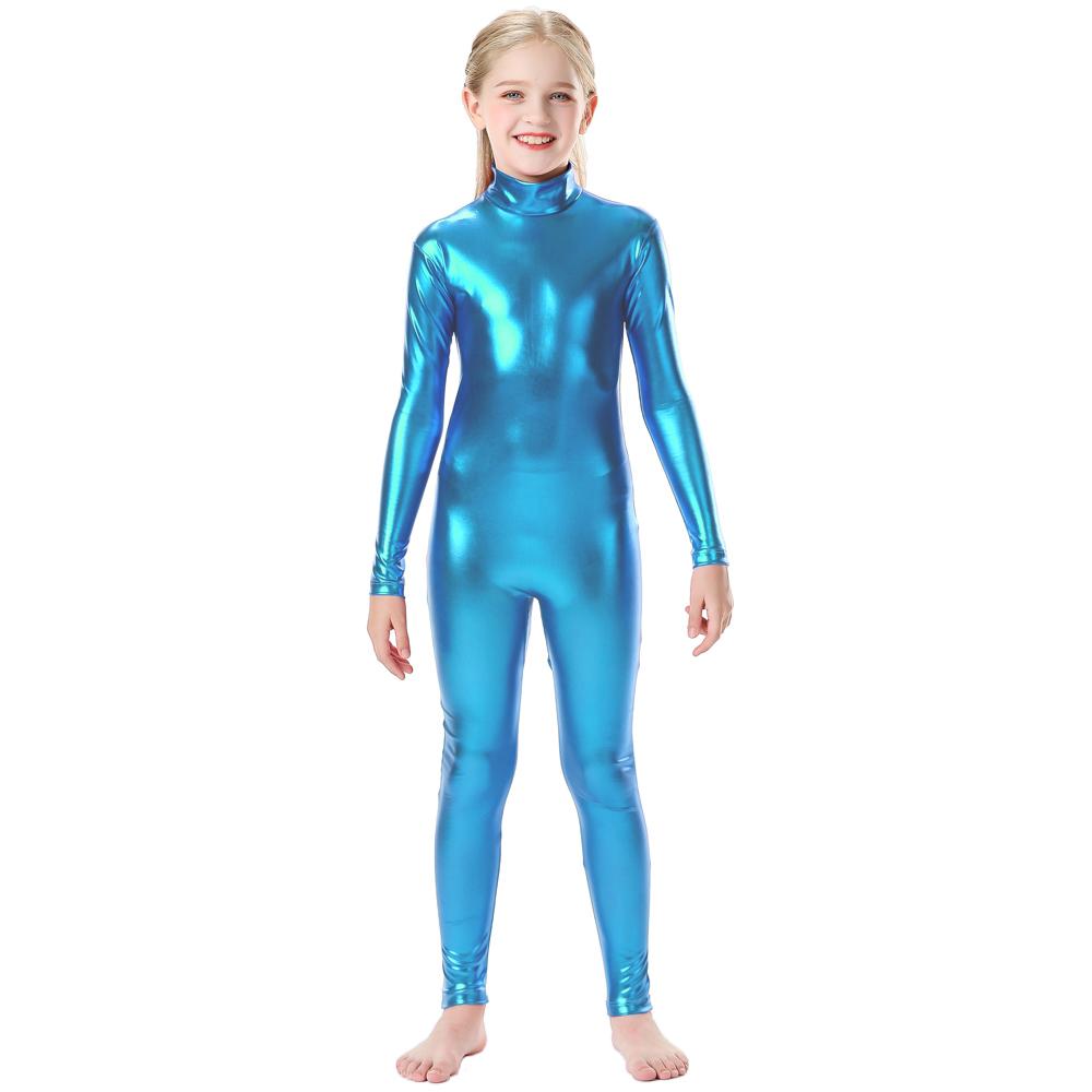 Блестящий металлический комбинезон с воротником-стойкой на молнии сзади, цельный комбинезон с длинными рукавами, детский костюм Wetlook