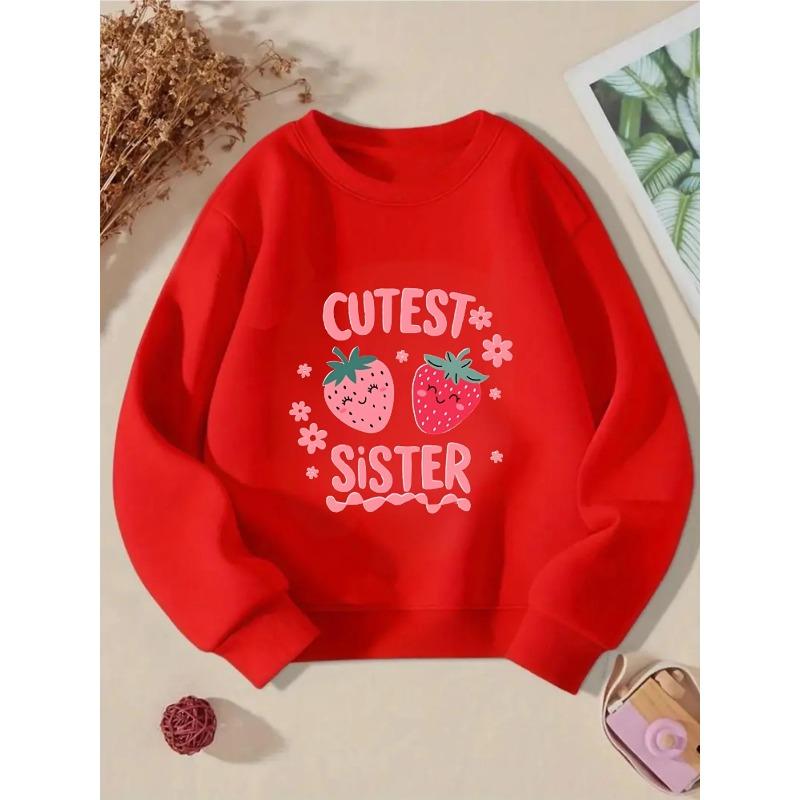 Girls' Crewneck Sweatshirt - Cute Strawberry Faces And Flowers Machine Washable, Spring And Autumn