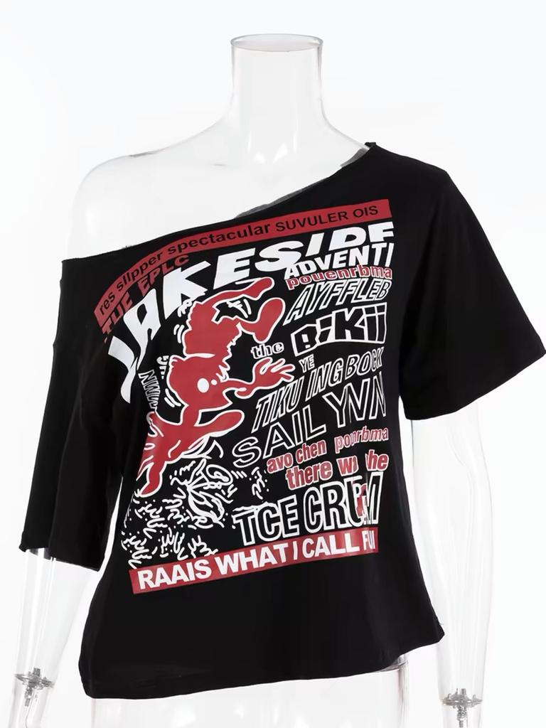 Y2k черные укороченные футболки с открытыми плечами, женские винтажные футболки с графикой в американском стиле, уличная одежда, гранж-эстетические топы с короткими рукавами