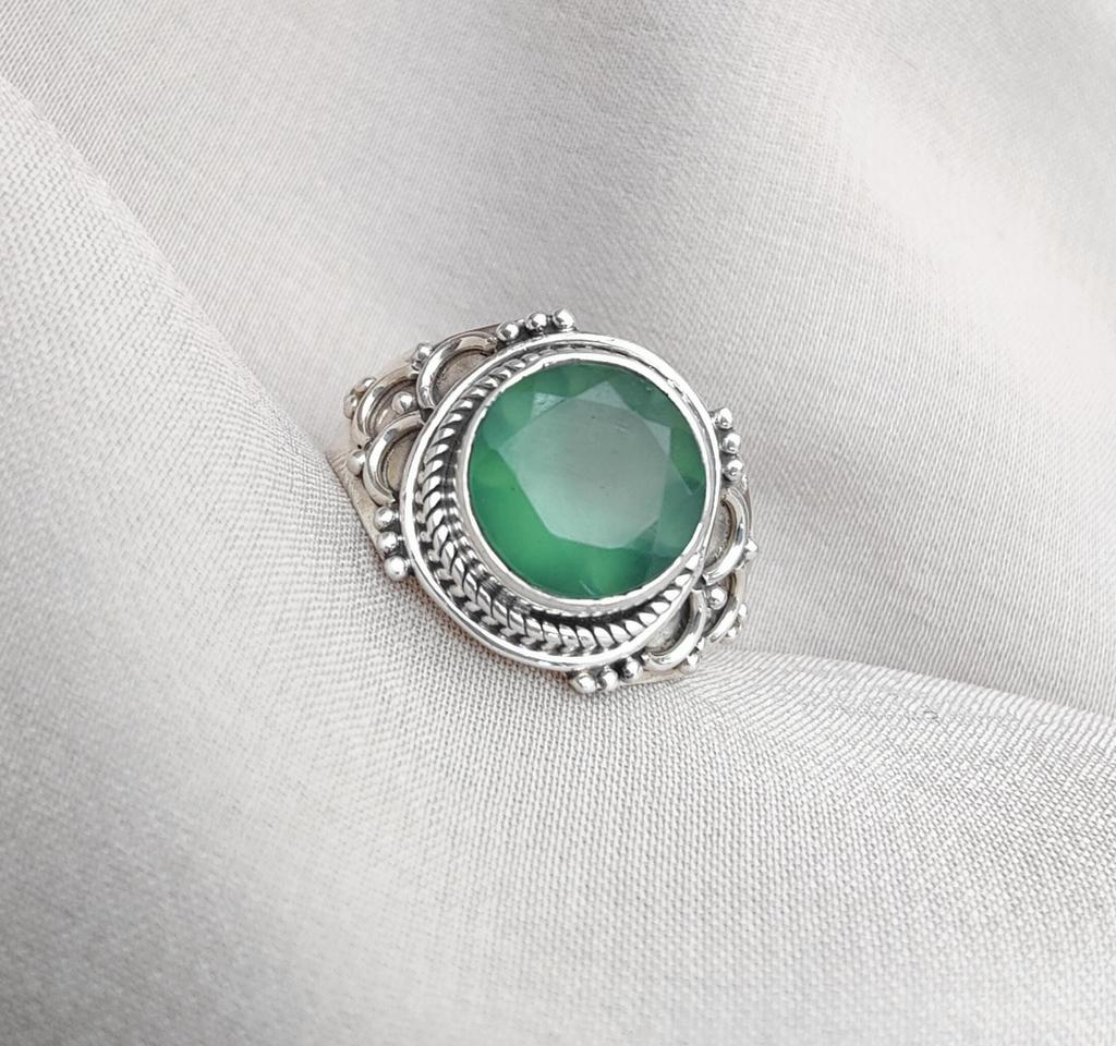 Prehnite 925 Sterling Silver Ring: Green Gemstone Boho Statement Jewelry