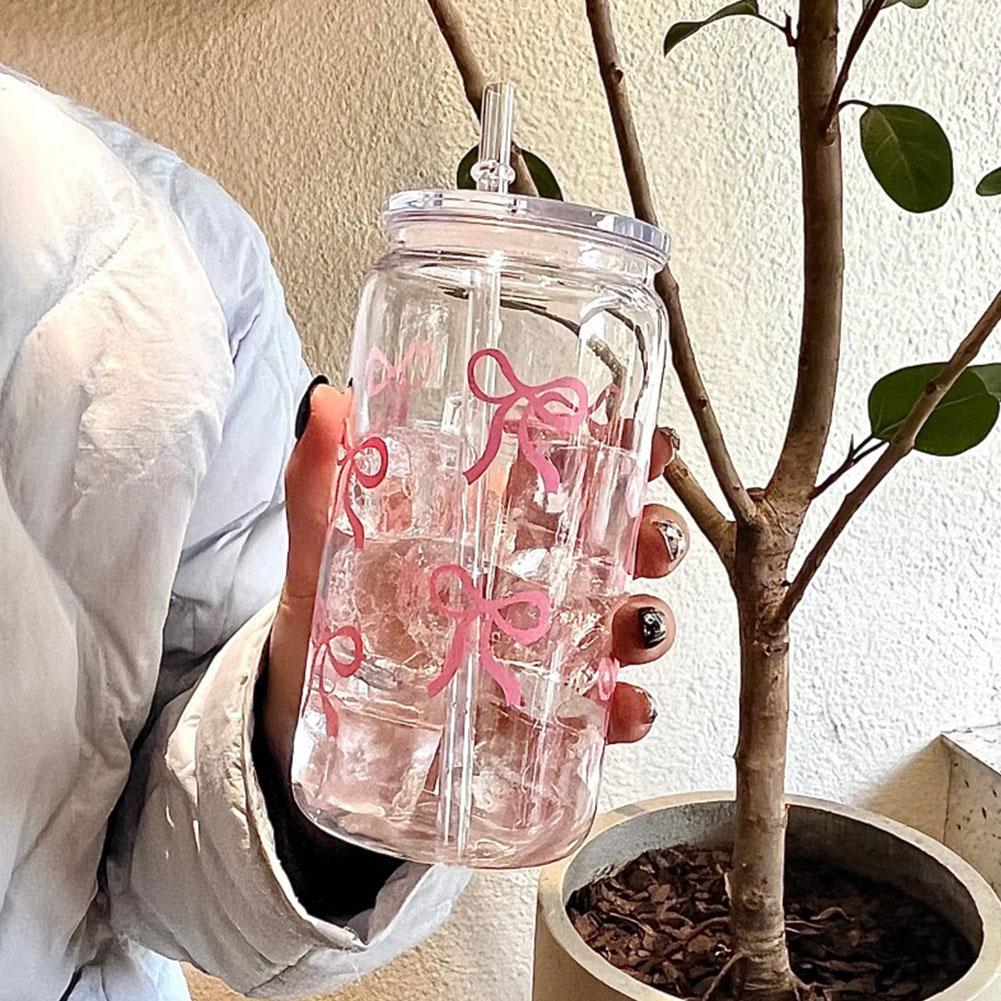 Пластиковые стаканы 500 мл с розовым бантом, с крышками и соломинками, многоразовый эстетичный стакан с бантом для питья кофе, чая, коктейлей для вечеринки, поддержка