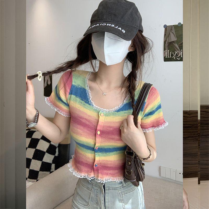 Радужная полосатая рубашка с квадратным вырезом на плече и короткими рукавами для женщин, летняя облегающая и короткая летняя рубашка