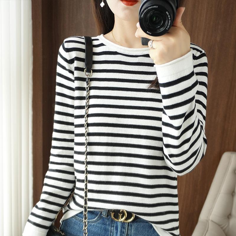 Autumn Spring O-neck Strip Women Sweater Curled Pullover Casual Knit Clothing Fashion Soft Bottoming Sweater Tops