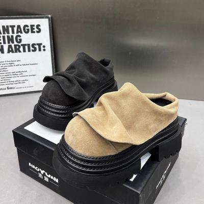 Баотоу полутапочки женские 2025 новые с оборкой по краю подиумные маленькие кожаные туфли маленький круглый носок платформа мюли