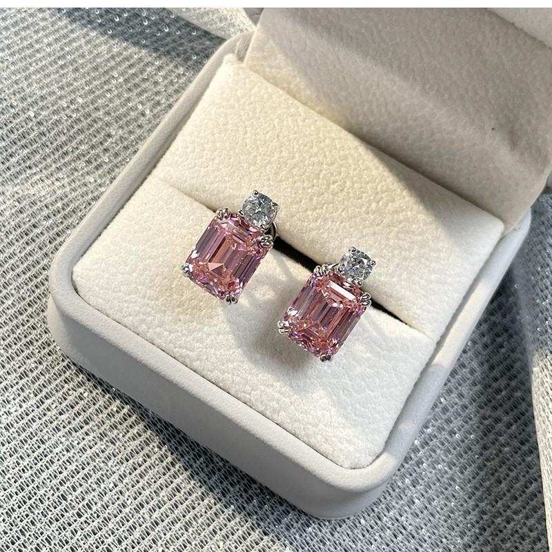Серьги-гвоздики геометрические из розового кварца стерлингового серебра для женщин с высокоуглеродистыми имитациями