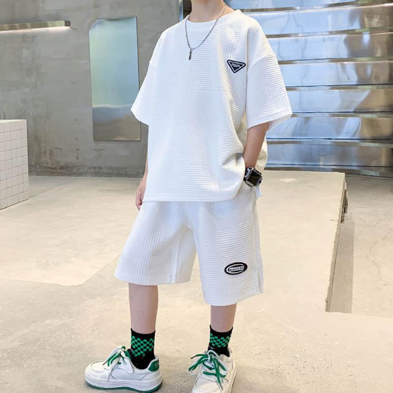 Boys Spring and Summer Round Neck Quick Dry Jacquard Solid Colour Short Sleeve Top + Shorts Casual Two-piece Set