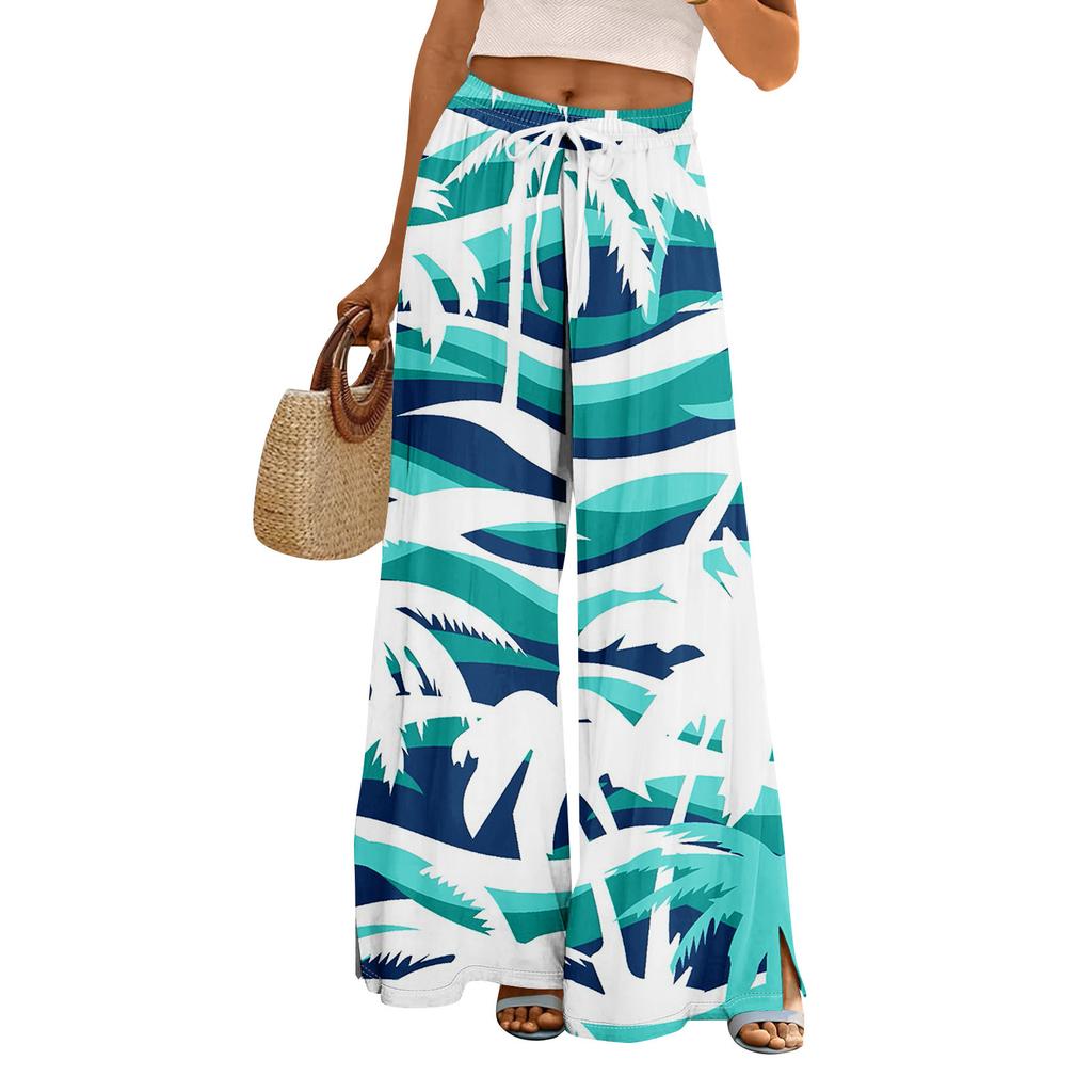 Women Summer Boho Palazzo Pants High Waist Wide Leg Rinting Casual Trousers With Pockets