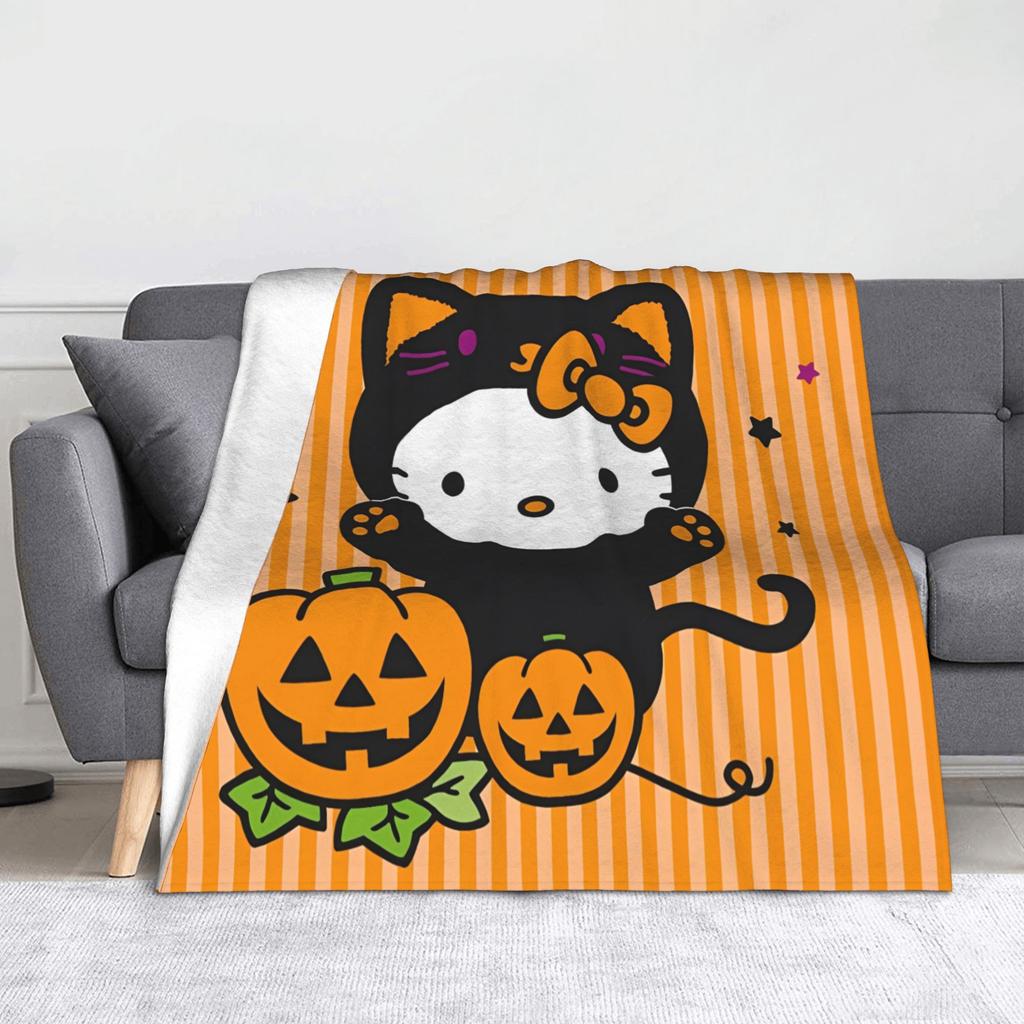 Hello Kitty Halloween Blanket Fleece Spring Autumn Pumpkins Multifunction Warm Throw Blanket for Sofa Office Bedspreads