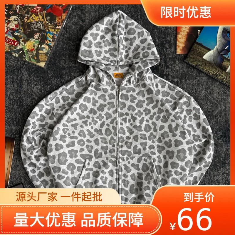 Y2K Black Leopard Print Zip Up Hoodie Men Women Streetwear Oversized Fleece Sweatshirt