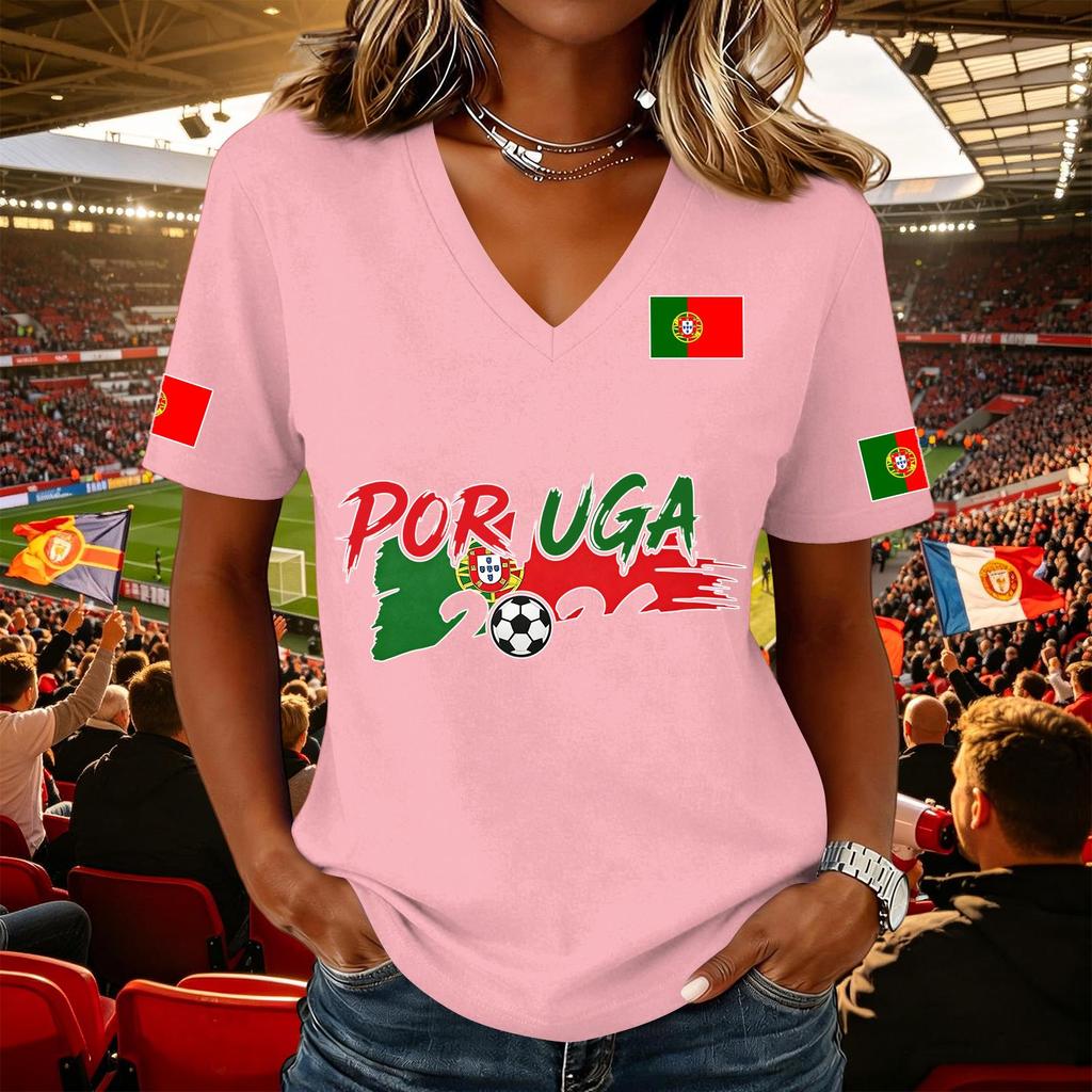 Women V Neck Pullover T Shirt Short Sleeve Casual Soccer Flag Print Top Supporter Jersey Tee for Game Day Wear