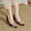 Red Square Head Wedding Shoes Women's New Satin Thick Heel High Heels Xiuhe Not Tired Feet Wedding Shoes Low Heel Bride Shoes