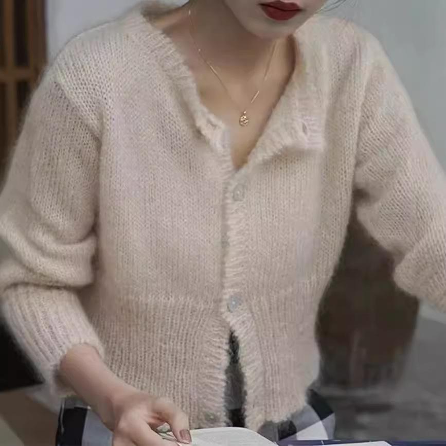 Корейский однотонный женский вязаный кардиган Осень и Зима Темперамент Приталенный и стройнящий свитер