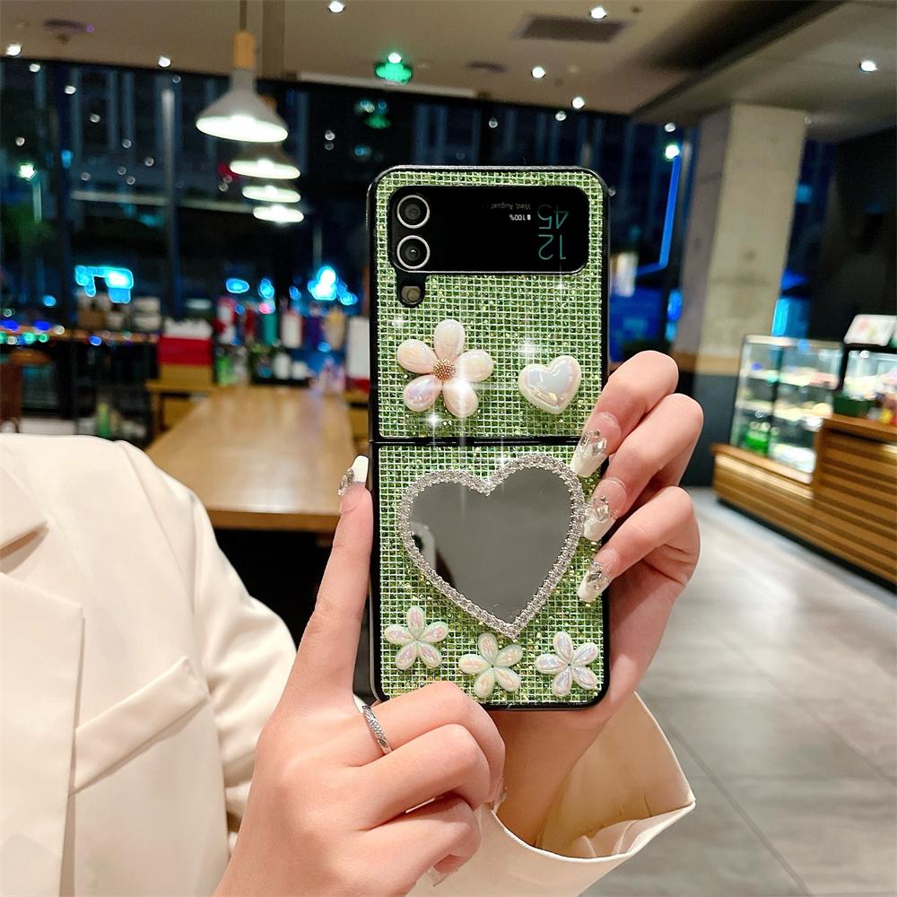 Роскошный чехол для телефона с бриллиантовым сердцем, зеркалом, жемчужным цветком и блестками для Samsung Galaxy Z Flip 3 4 5 6 5G