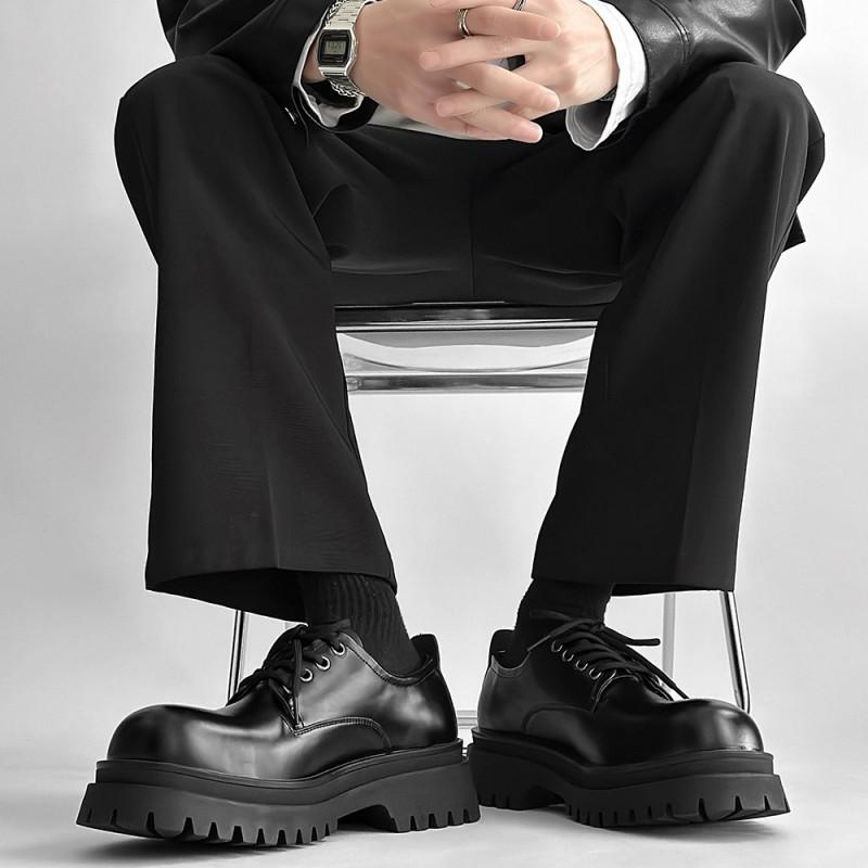 Mens Casual Derby Shoes With Thick Sole Height Increasing Design Round Toe Lace Up Rubber Outsole