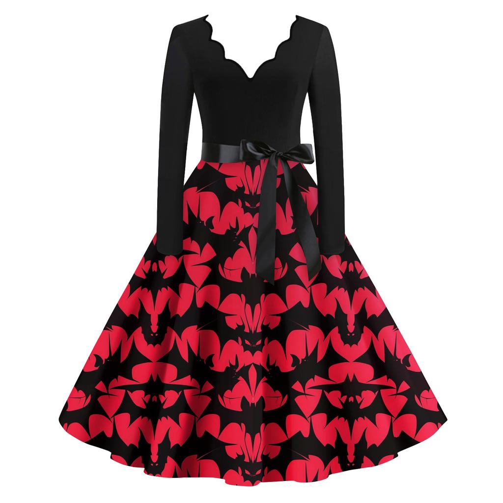 Женские повседневные модные винтажные длинные платья с длинным рукавом на Хэллоуин и графическим принтом