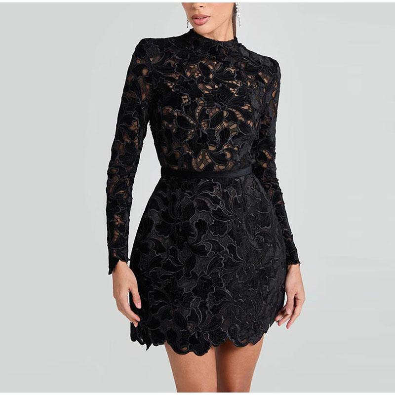 Long-sleeved See-through Dress Skirt Ladies Red and Black Dress Dress Slim Fashion Long Wedding Party Can Wear Dress