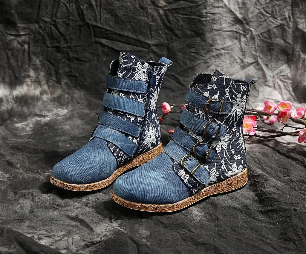 Women Ankle Boots Autumn New Retro Ethnic Style Printed Metal Buckle Soft Leather Zipper Short Boots Shoes Botines Mujer